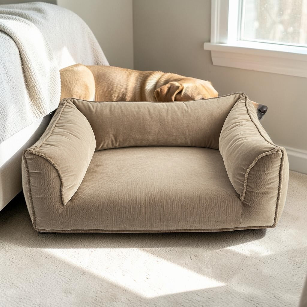 Zwmfg Luxury Bolster Dog Bed - Sofa-Style Mattress for Large Dogs - Raised Edges for Head Support - Soft, Breathable Fabric - Beige